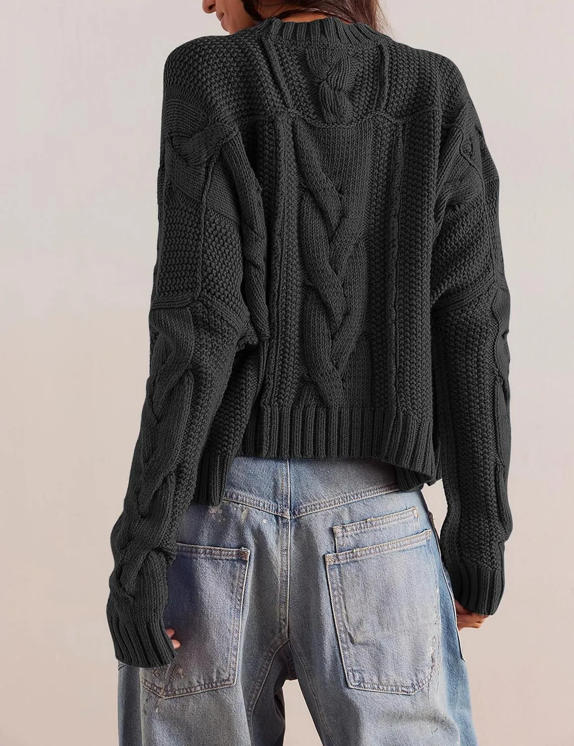 Cable Knit Cropped Sweater for Women Crew Neck Long Sleeve Chunky Pullover Loose Fall Winter Outfit