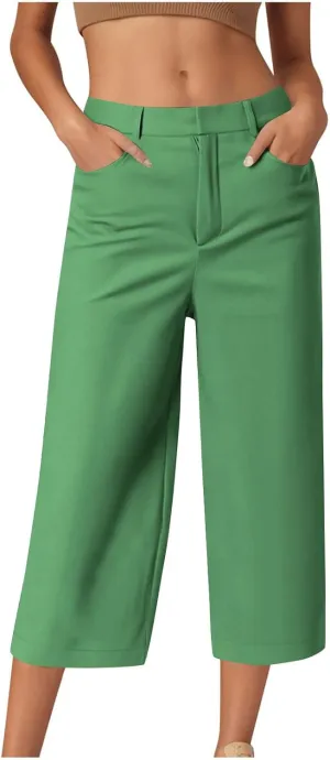 Capri Pants for Women Business Casual Loose Fit Work Cropped Trousers High Waisted Stretchy Capris with Pocket