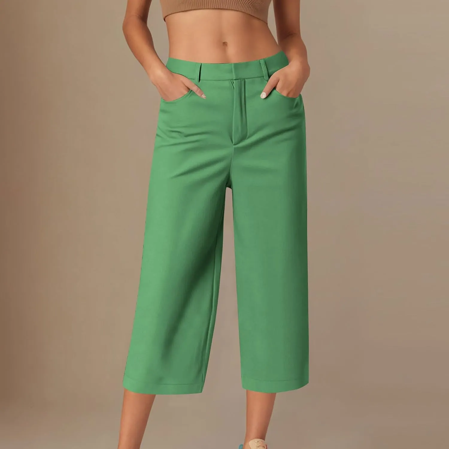 Capri Pants for Women Business Casual Loose Fit Work Cropped Trousers High Waisted Stretchy Capris with Pocket