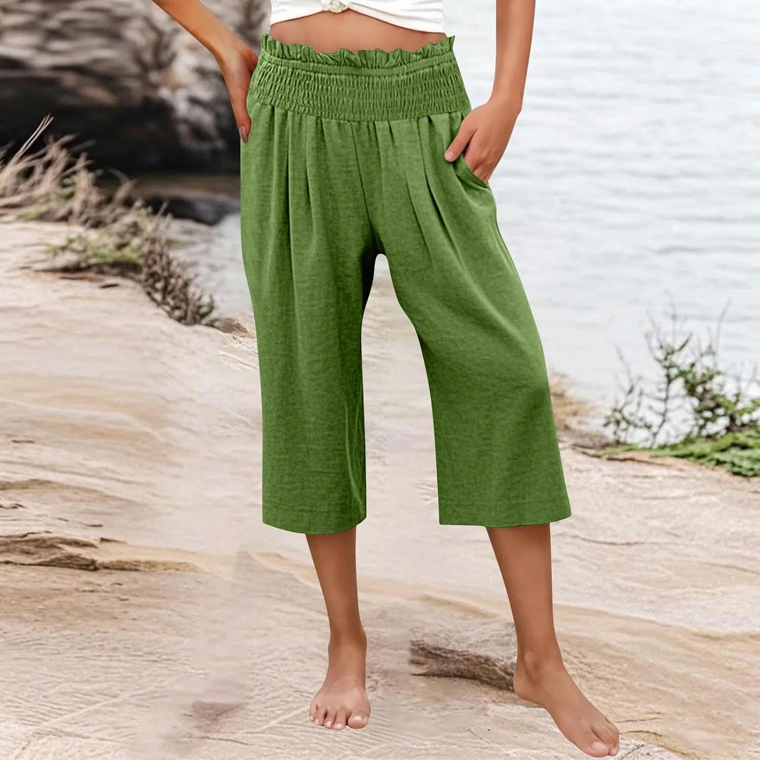 Capri Pants for Women Lightweight Summer High Waisted Wide Leg Palazzo Trousers with Pockets Travel Vacation Outfits