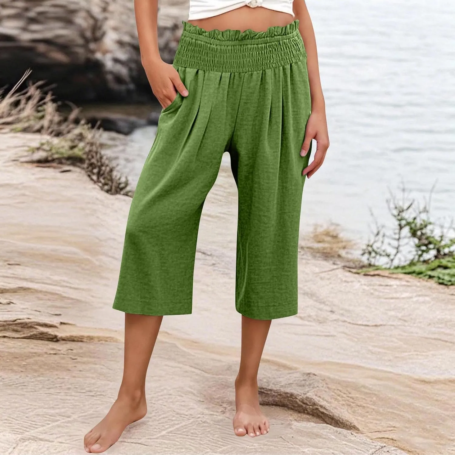 Capri Pants for Women Lightweight Summer High Waisted Wide Leg Palazzo Trousers with Pockets Travel Vacation Outfits