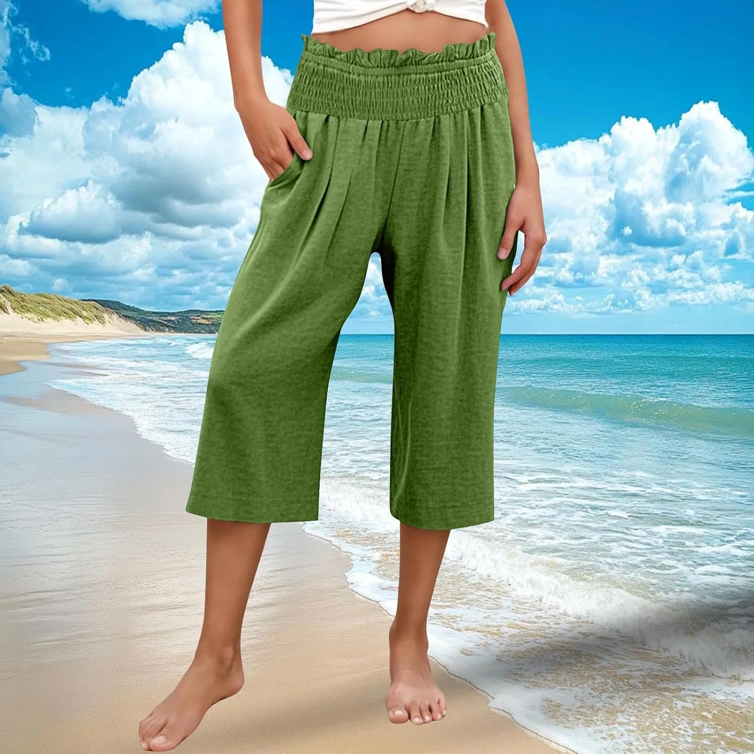 Capri Pants for Women Lightweight Summer High Waisted Wide Leg Palazzo Trousers with Pockets Travel Vacation Outfits