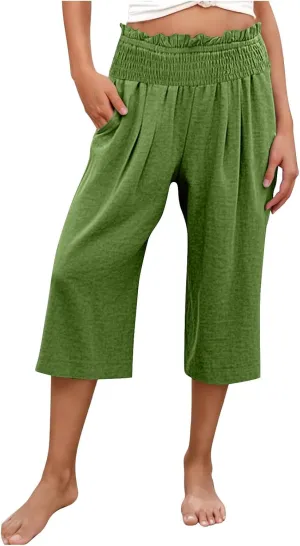 Capri Pants for Women Lightweight Summer High Waisted Wide Leg Palazzo Trousers with Pockets Travel Vacation Outfits