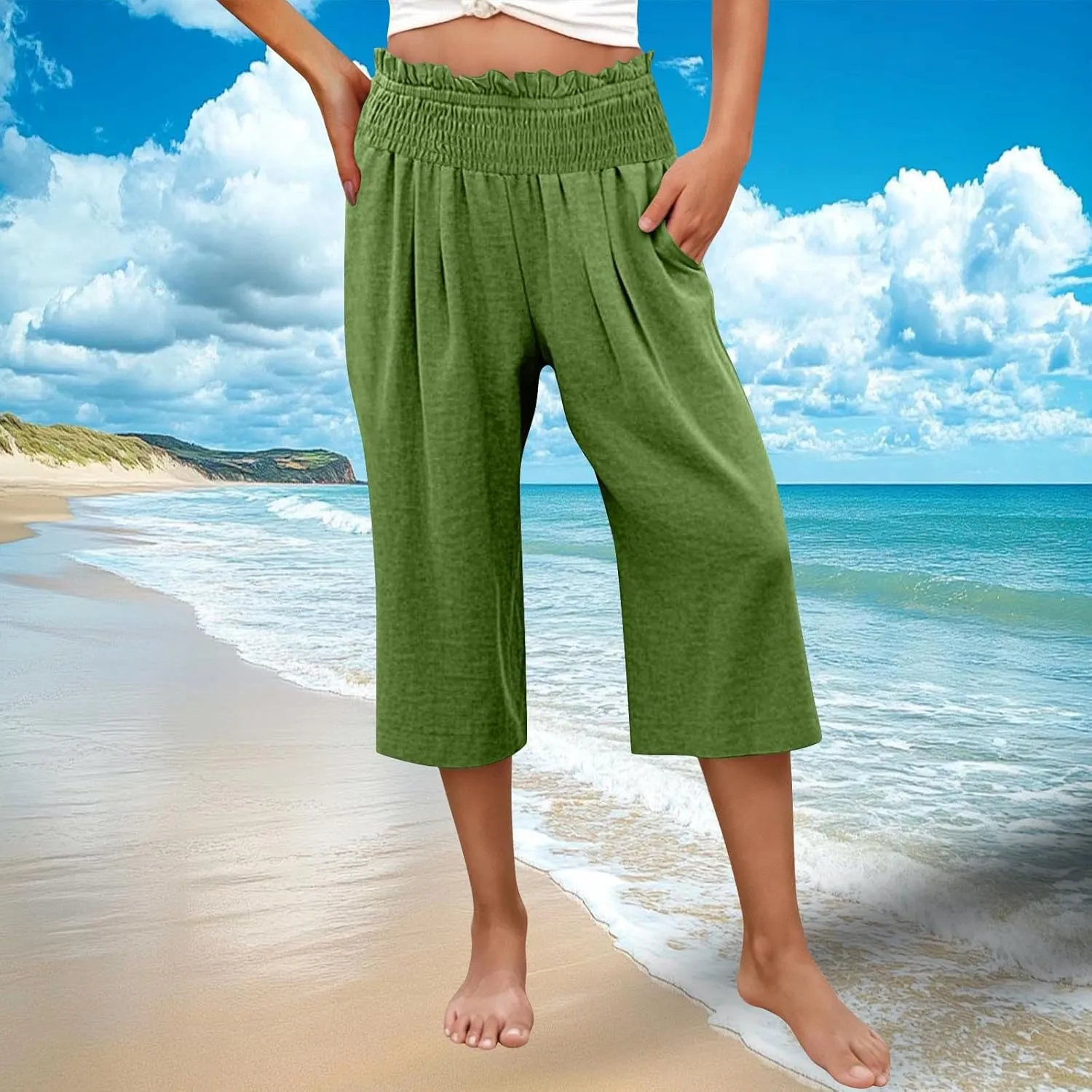 Capri Pants for Women Lightweight Summer High Waisted Wide Leg Palazzo Trousers with Pockets Travel Vacation Outfits