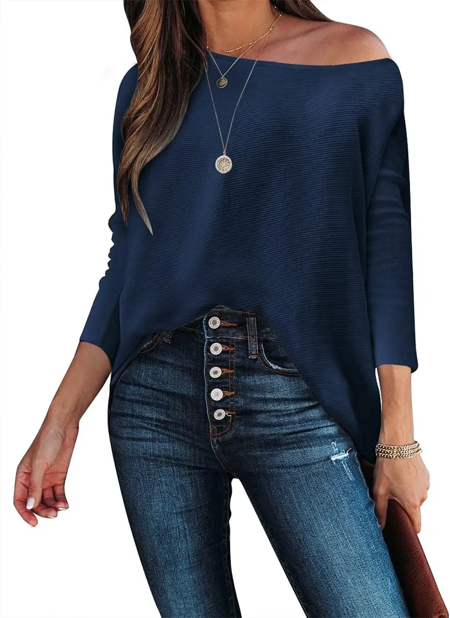 Caracilia Women Boat Neck Batwing Long Sleeve 2024 Fall Oversized Ribbed Knit Pullover Sweaters Baggy Jumper Tunic Tops