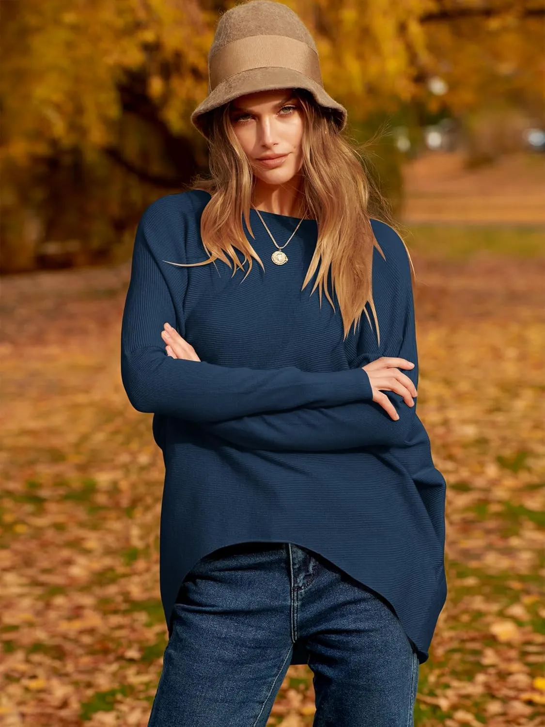 Caracilia Women Boat Neck Batwing Long Sleeve 2024 Fall Oversized Ribbed Knit Pullover Sweaters Baggy Jumper Tunic Tops