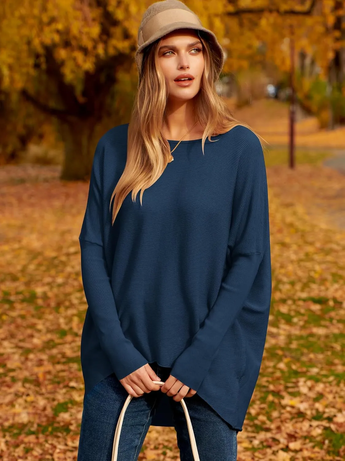 Caracilia Women Boat Neck Batwing Long Sleeve 2024 Fall Oversized Ribbed Knit Pullover Sweaters Baggy Jumper Tunic Tops