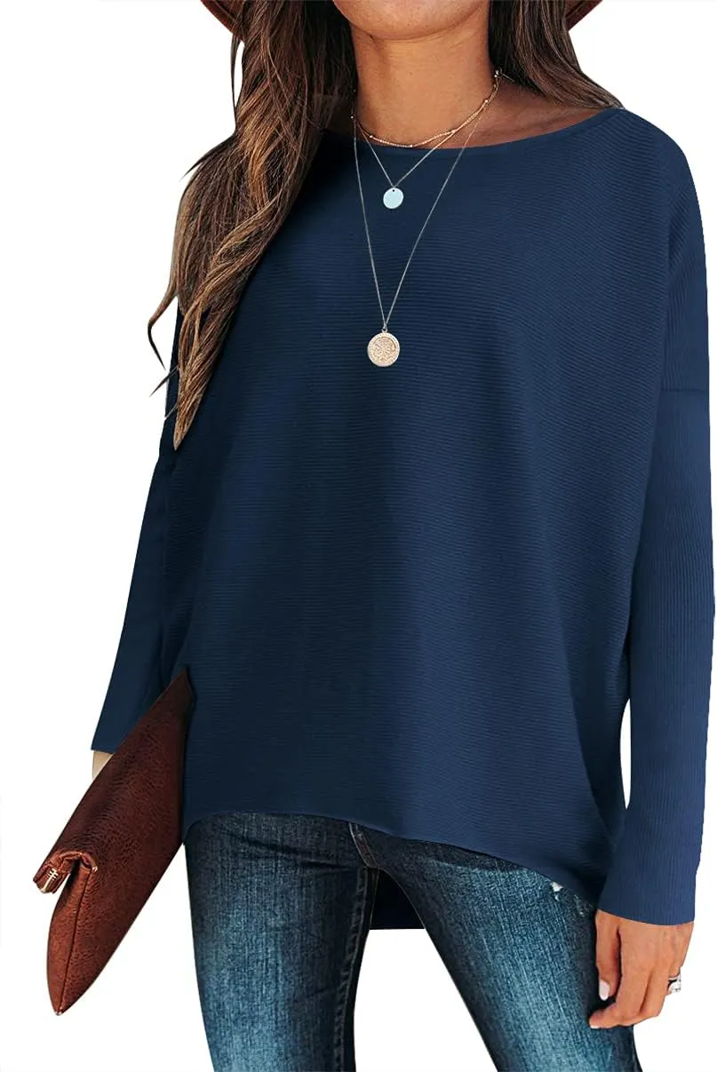 Caracilia Women Boat Neck Batwing Long Sleeve 2024 Fall Oversized Ribbed Knit Pullover Sweaters Baggy Jumper Tunic Tops