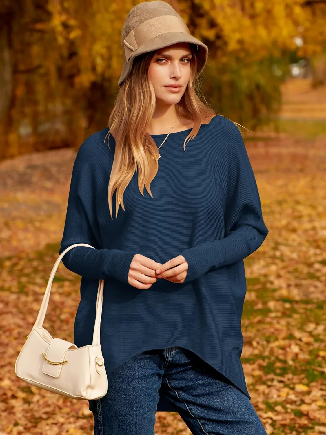 Caracilia Women Boat Neck Batwing Long Sleeve 2024 Fall Oversized Ribbed Knit Pullover Sweaters Baggy Jumper Tunic Tops