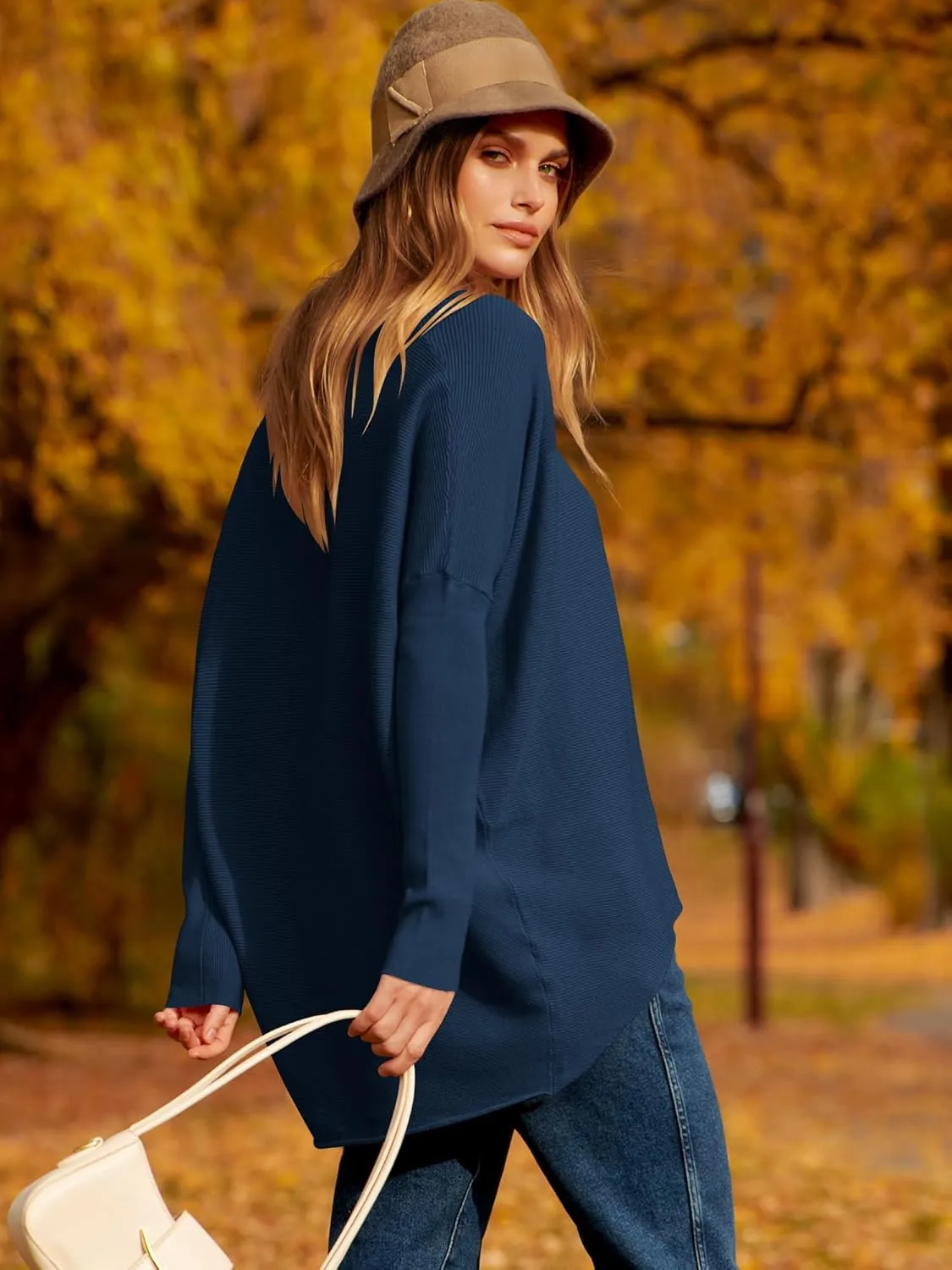 Caracilia Women Boat Neck Batwing Long Sleeve 2024 Fall Oversized Ribbed Knit Pullover Sweaters Baggy Jumper Tunic Tops