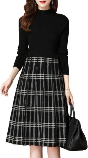 chouyatou Women's Vintage Plaid Checkered Color Block A Line Pleated Knitted Sweater Midi Long Dress