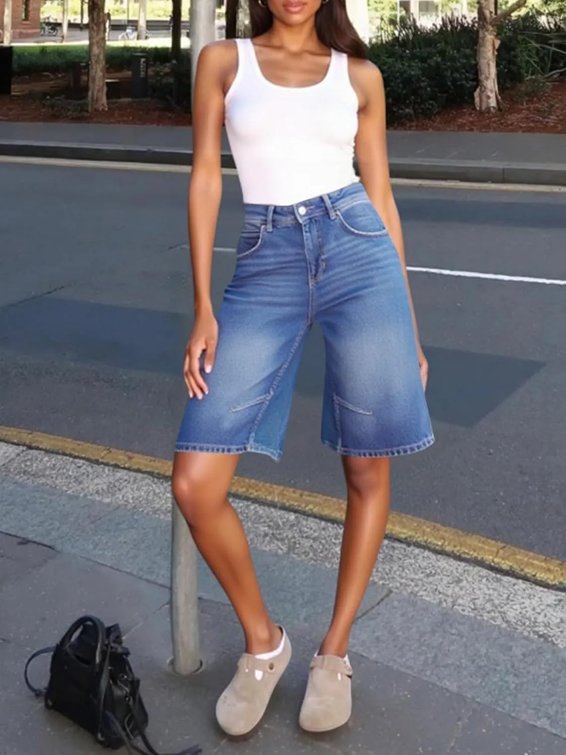 Cicy Bell Womens Summer Wide Leg Denim Shorts Casual Loose Mid Rise Jorts Bermuda Knee Length Jeans Shorts