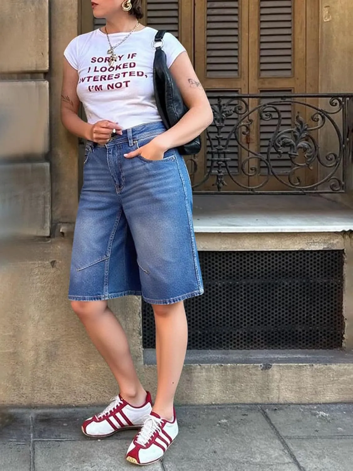 Cicy Bell Womens Summer Wide Leg Denim Shorts Casual Loose Mid Rise Jorts Bermuda Knee Length Jeans Shorts