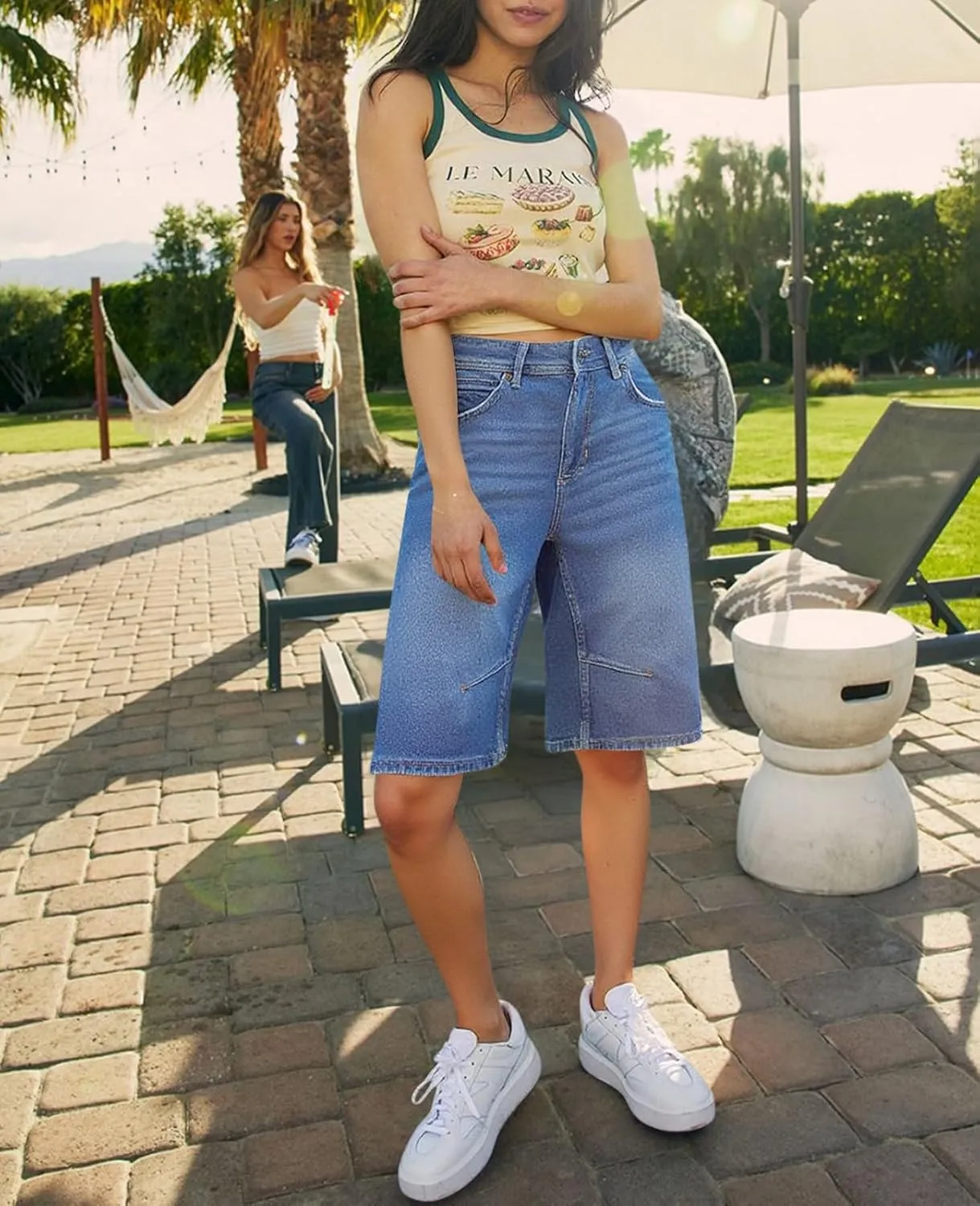 Cicy Bell Womens Summer Wide Leg Denim Shorts Casual Loose Mid Rise Jorts Bermuda Knee Length Jeans Shorts