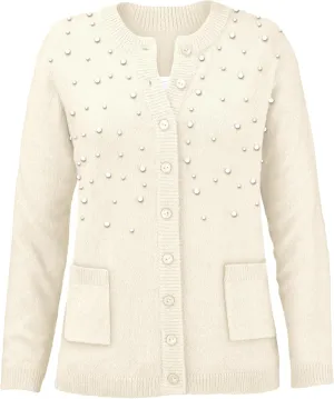 Collections Etc Women's Pearl Trimmed Button Front Cardigan Sweater Ivory Medium
