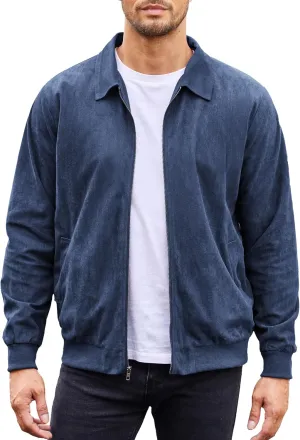 COOFANDY Men's Casual Suede Bomber Jacket Lightweight Full Zip Up Jackets Vintage Faux Leather Jacket