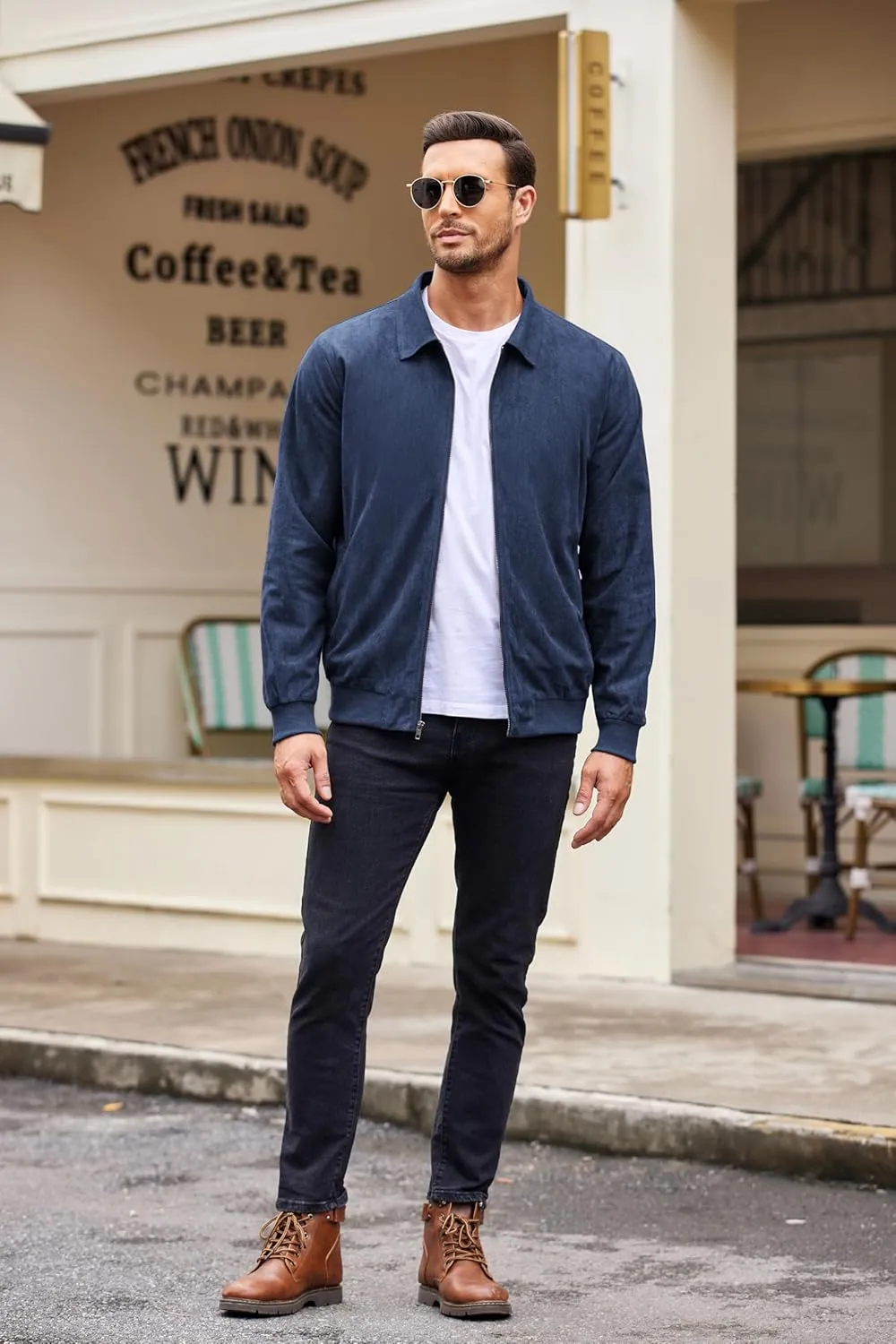 COOFANDY Men's Casual Suede Bomber Jacket Lightweight Full Zip Up Jackets Vintage Faux Leather Jacket