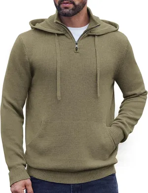 COOFANDY Mens Knitted Hoodie Sweater Long Sleeve Turtleneck Quarter Zip Pullover Sweaters with Pocket