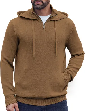 COOFANDY Mens Knitted Hoodie Sweater Long Sleeve Turtleneck Quarter Zip Pullover Sweaters with Pocket