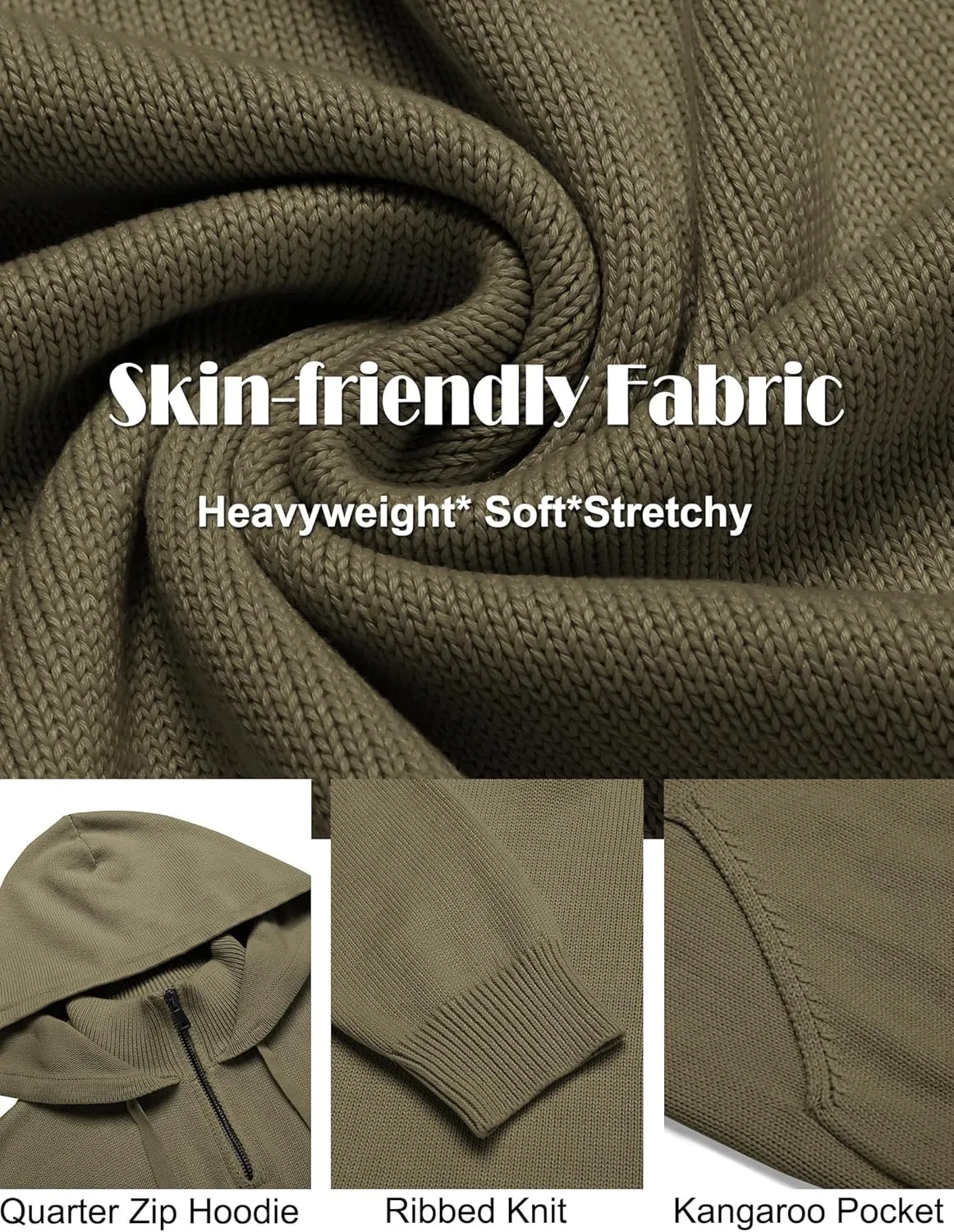 COOFANDY Mens Knitted Hoodie Sweater Long Sleeve Turtleneck Quarter Zip Pullover Sweaters with Pocket
