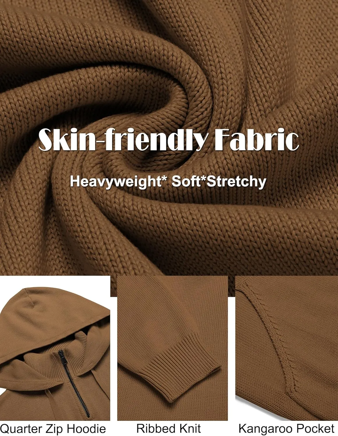 COOFANDY Mens Knitted Hoodie Sweater Long Sleeve Turtleneck Quarter Zip Pullover Sweaters with Pocket