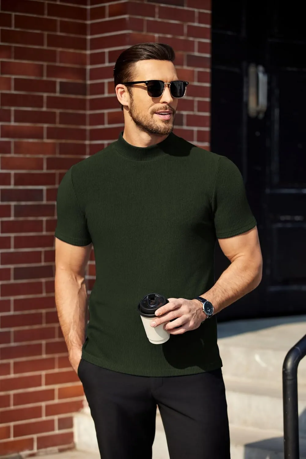 COOFANDY Mens Mock Turtleneck Sweater Short Sleeve Turtle Neck Sweaters Casual Ribbed Knited Pullover Tops Solid Basic Tee