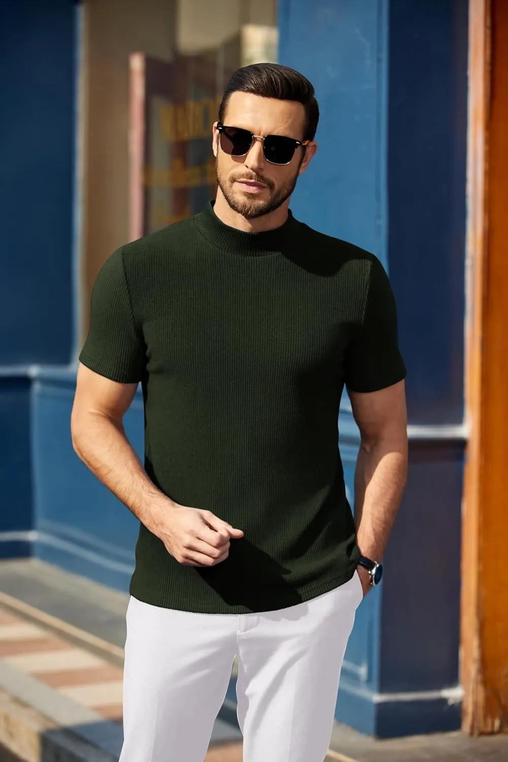 COOFANDY Mens Mock Turtleneck Sweater Short Sleeve Turtle Neck Sweaters Casual Ribbed Knited Pullover Tops Solid Basic Tee