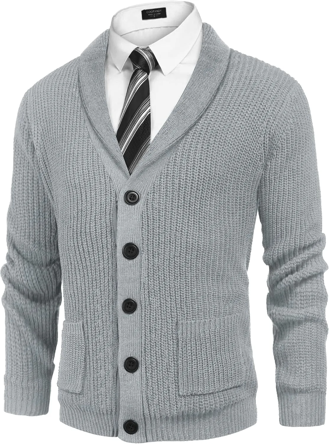COOFANDY Men's Shawl Collar Cardigan Sweater Slim Fit Cable Knit Button up Sweater with Pockets