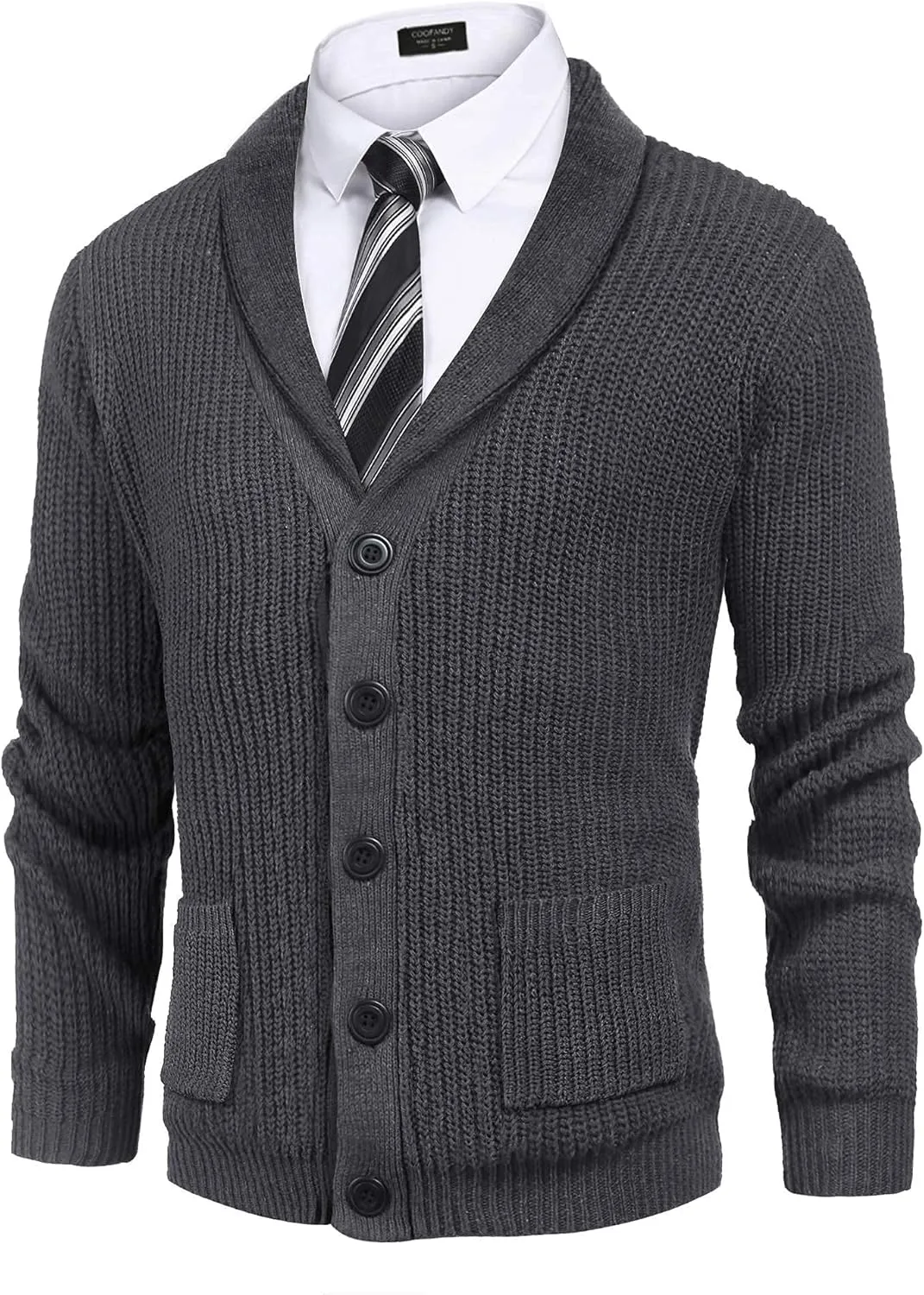 COOFANDY Men's Shawl Collar Cardigan Sweater Slim Fit Cable Knit Button up Sweater with Pockets