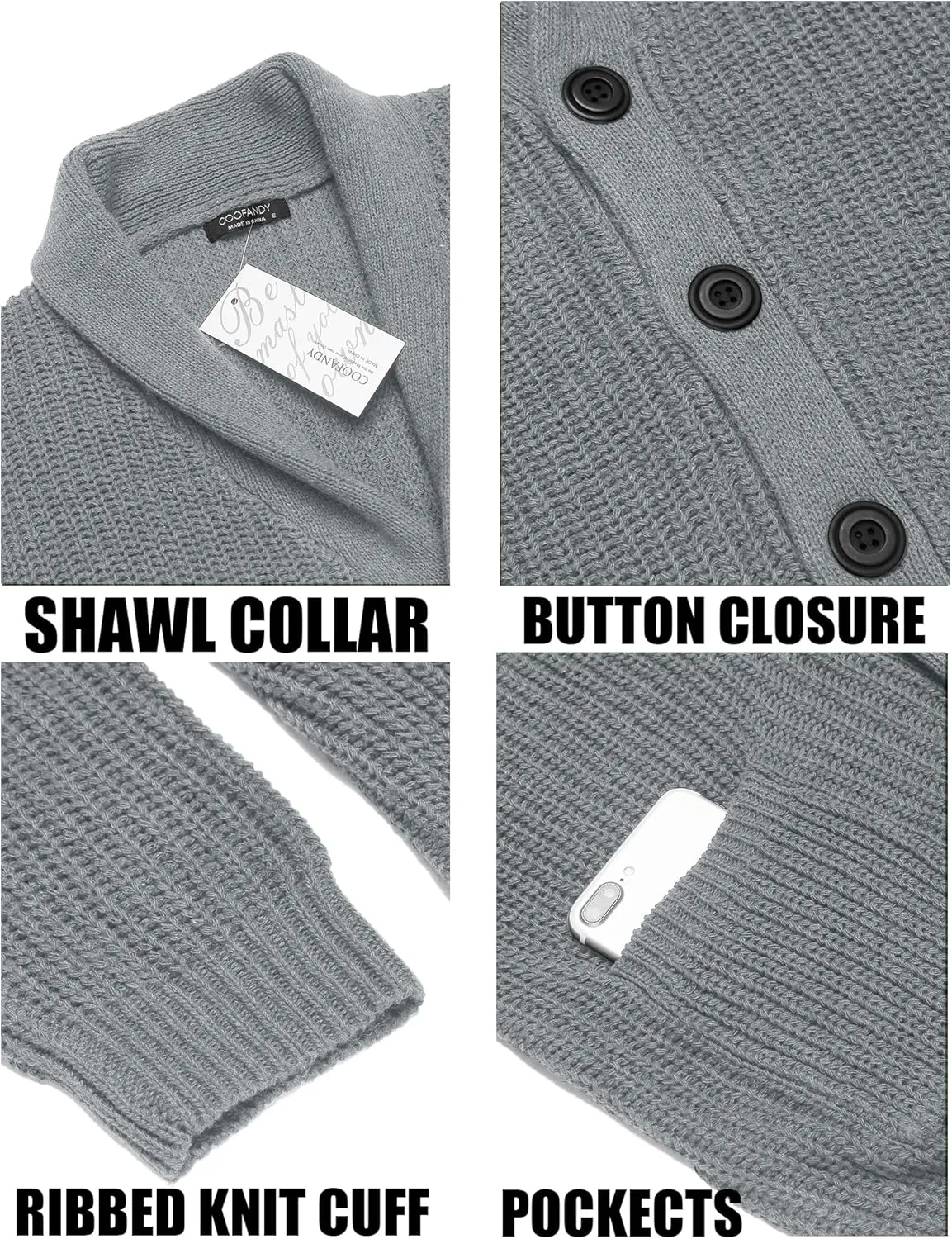 COOFANDY Men's Shawl Collar Cardigan Sweater Slim Fit Cable Knit Button up Sweater with Pockets