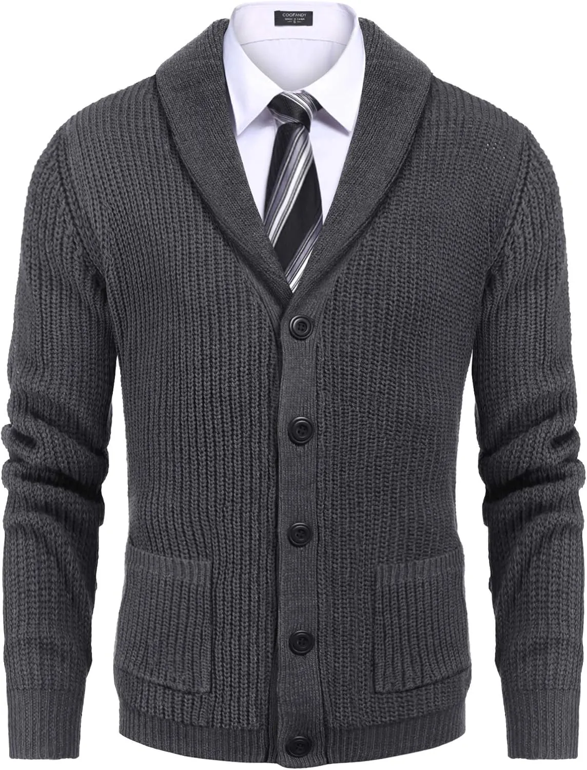 COOFANDY Men's Shawl Collar Cardigan Sweater Slim Fit Cable Knit Button up Sweater with Pockets