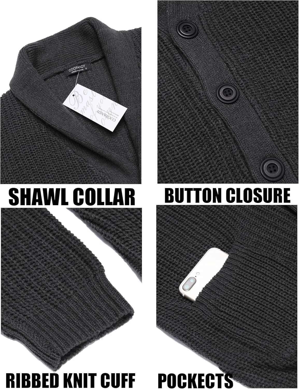 COOFANDY Men's Shawl Collar Cardigan Sweater Slim Fit Cable Knit Button up Sweater with Pockets