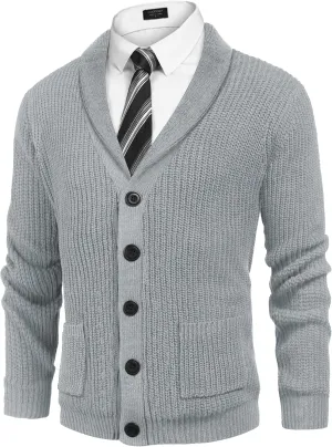 COOFANDY Men's Shawl Collar Cardigan Sweater Slim Fit Cable Knit Button up Sweater with Pockets