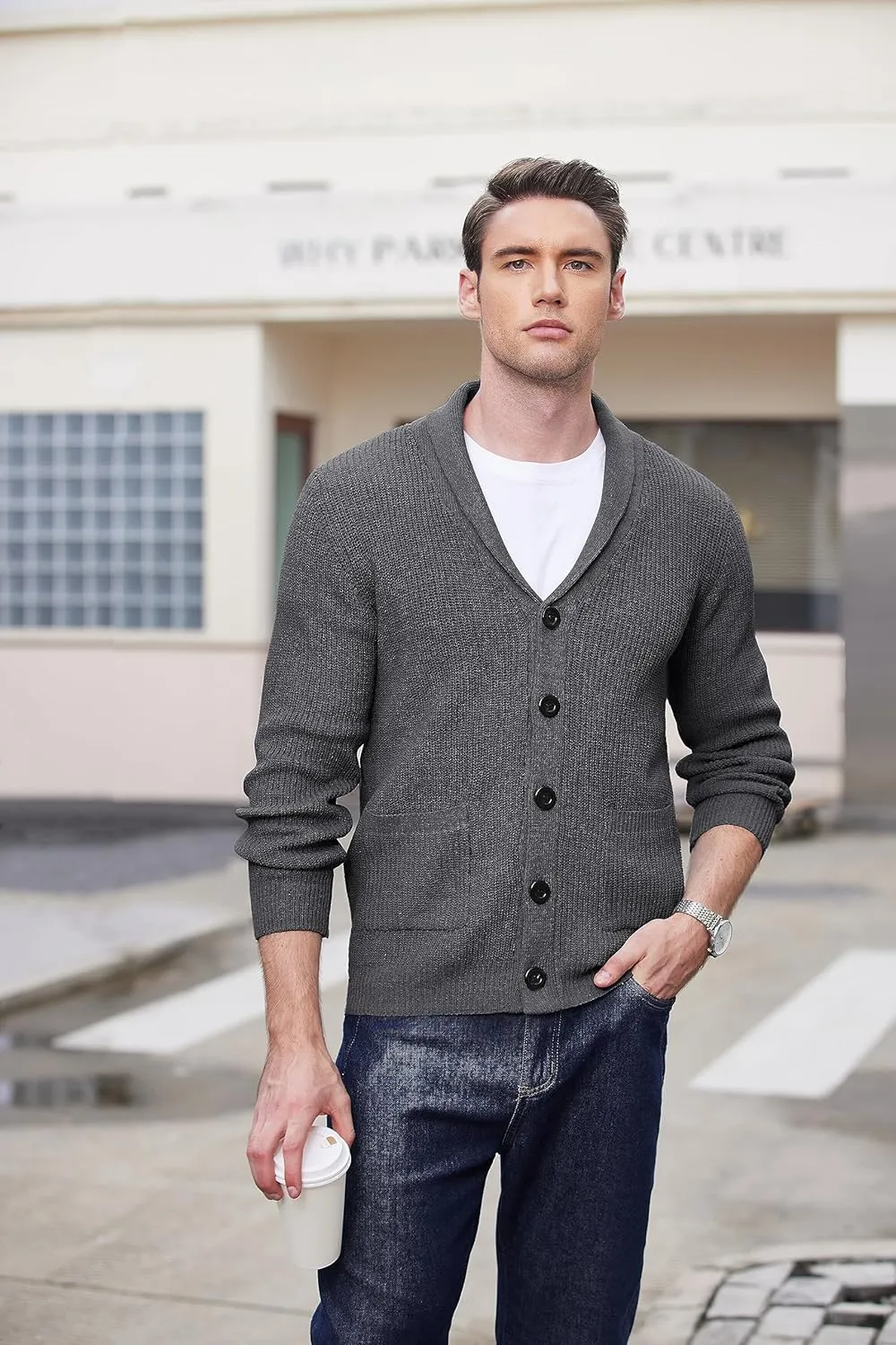 COOFANDY Men's Shawl Collar Cardigan Sweater Slim Fit Cable Knit Button up Sweater with Pockets