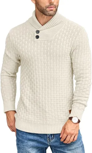 COOFANDY Men's Shawl Collar Pullover Sweater Casual Slim Fit Button Textured Knit Sweaters