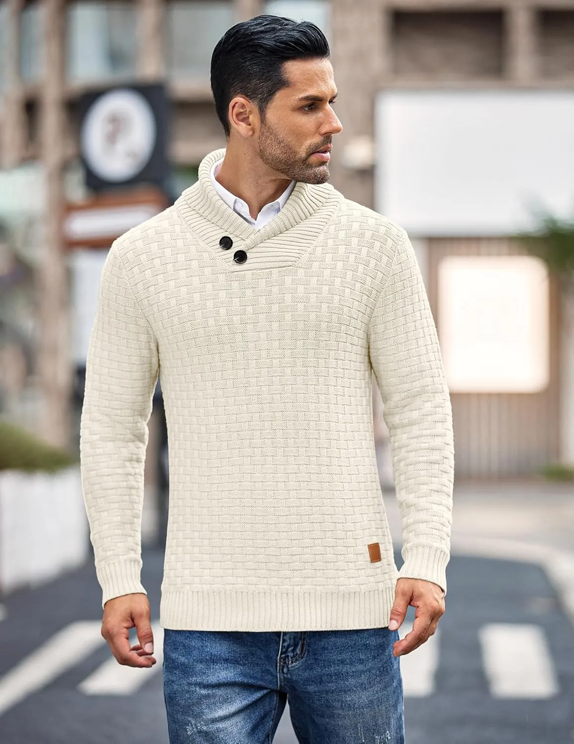 COOFANDY Men's Shawl Collar Pullover Sweater Casual Slim Fit Button Textured Knit Sweaters