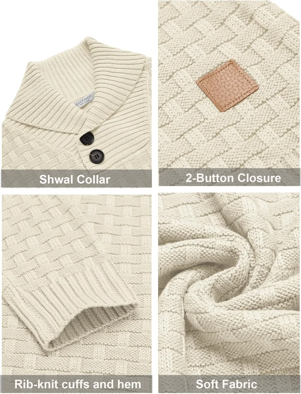 COOFANDY Men's Shawl Collar Pullover Sweater Casual Slim Fit Button Textured Knit Sweaters