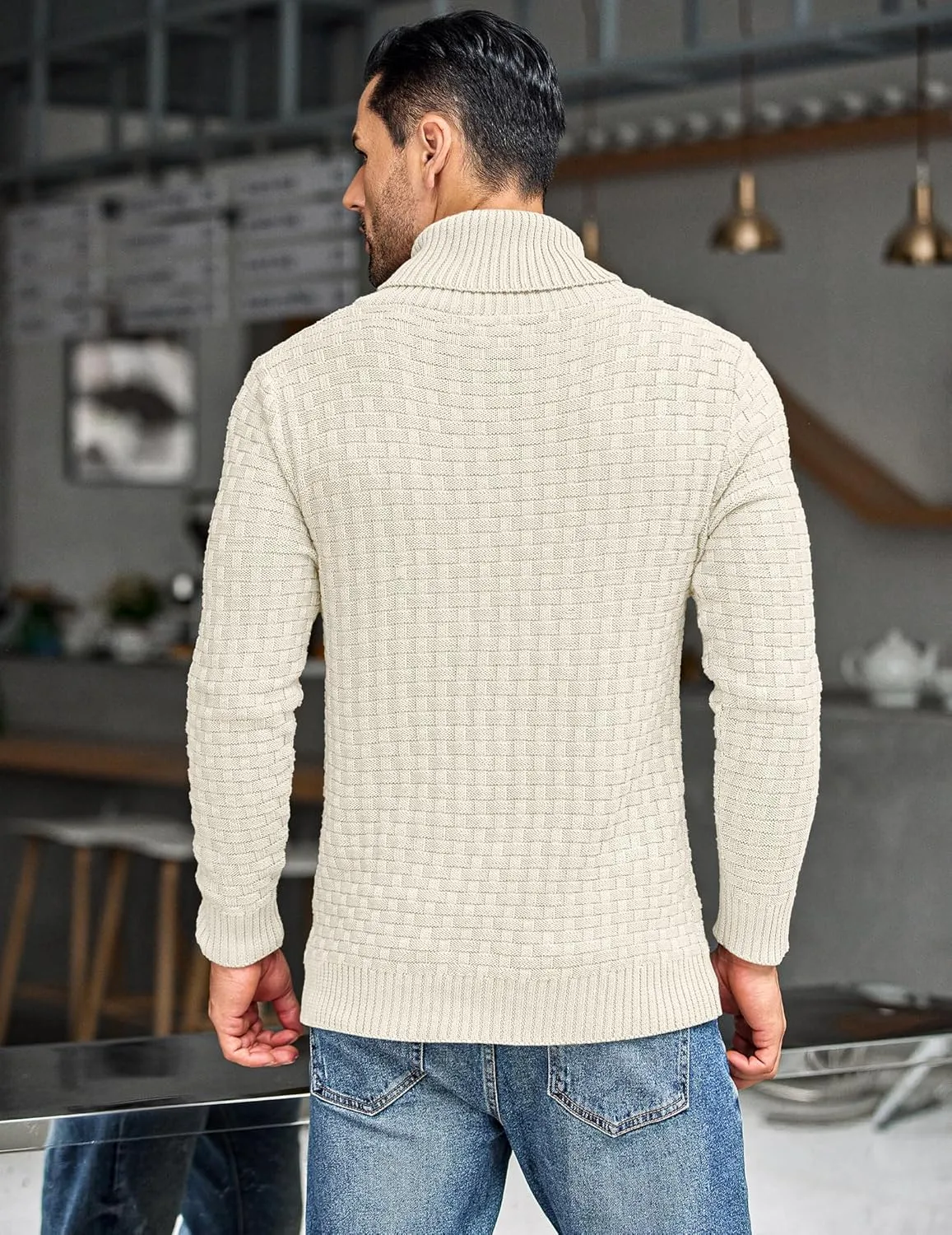 COOFANDY Men's Shawl Collar Pullover Sweater Casual Slim Fit Button Textured Knit Sweaters