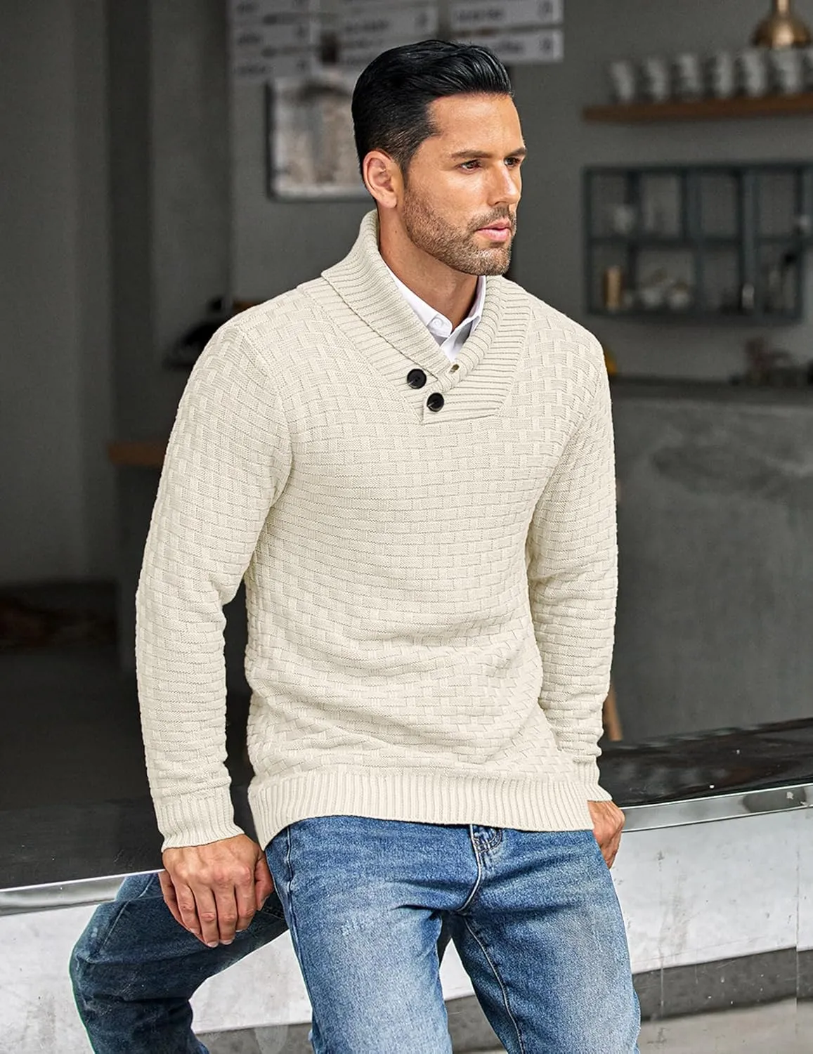 COOFANDY Men's Shawl Collar Pullover Sweater Casual Slim Fit Button Textured Knit Sweaters