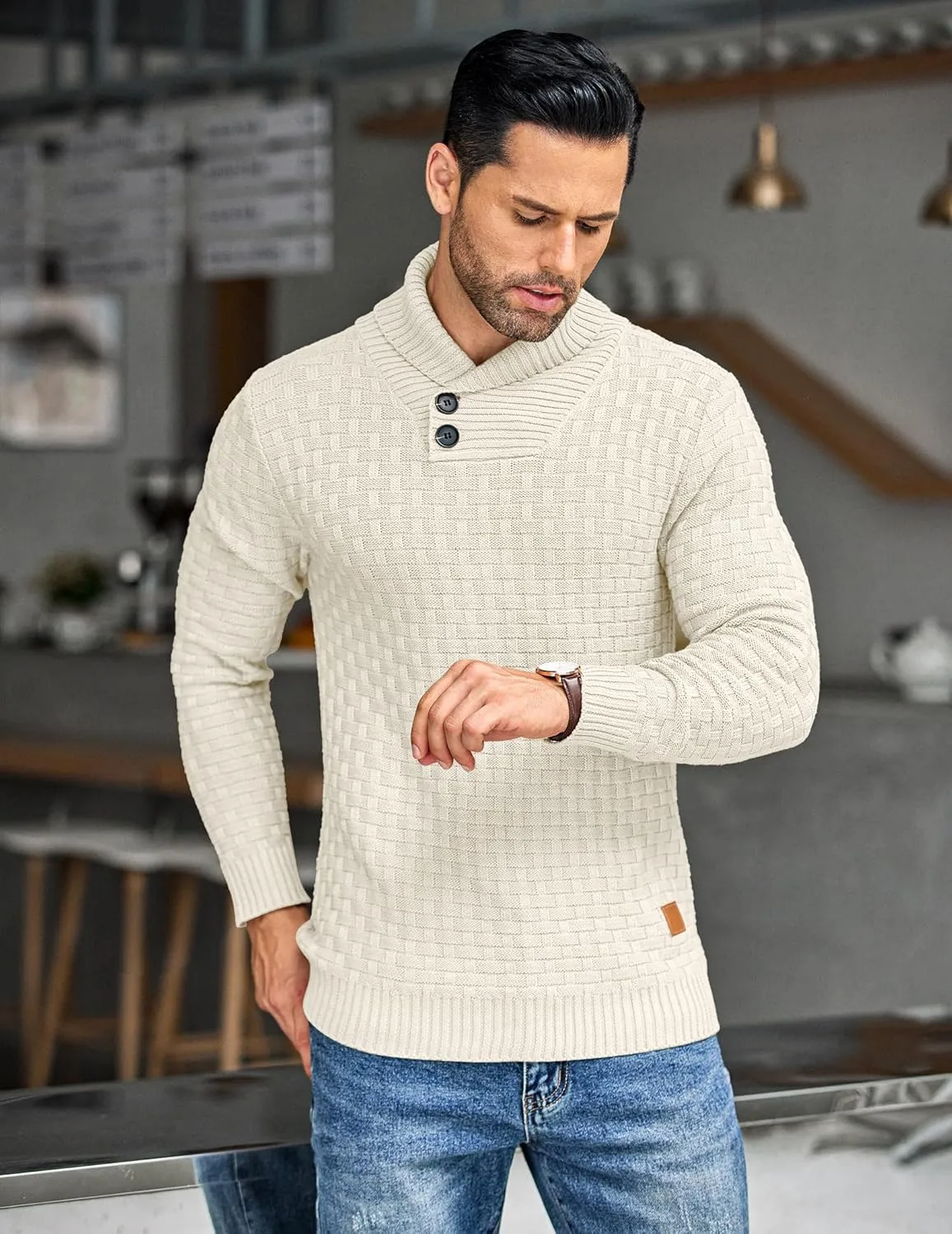 COOFANDY Men's Shawl Collar Pullover Sweater Casual Slim Fit Button Textured Knit Sweaters