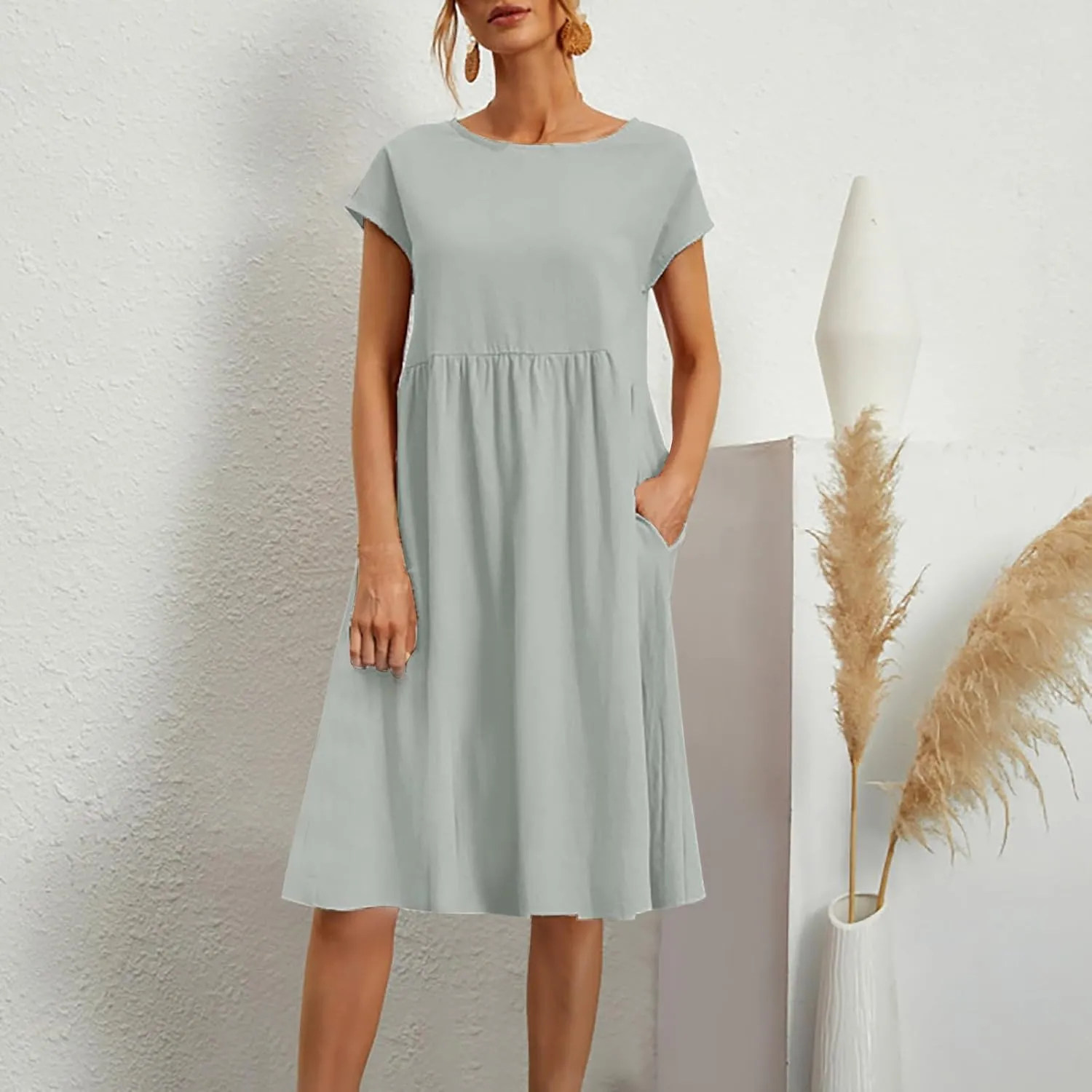 Cotton Linen Dress for Women Summer Trendy Short Sleeve Crew Neck Sexy Plus Size Loose Vacation Dress with Pocket