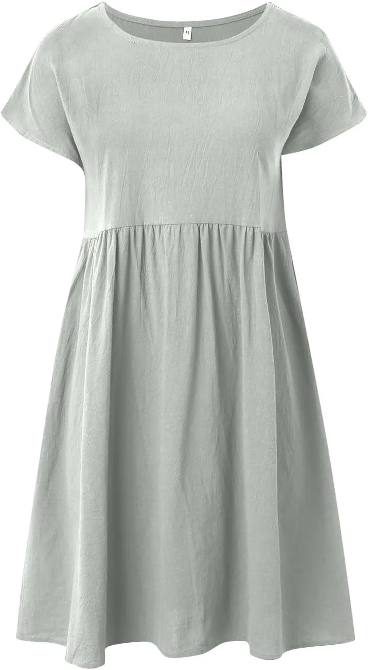 Cotton Linen Dress for Women Summer Trendy Short Sleeve Crew Neck Sexy Plus Size Loose Vacation Dress with Pocket