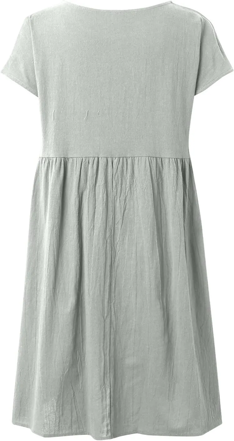 Cotton Linen Dress for Women Summer Trendy Short Sleeve Crew Neck Sexy Plus Size Loose Vacation Dress with Pocket