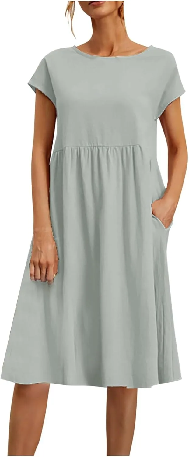 Cotton Linen Dress for Women Summer Trendy Short Sleeve Crew Neck Sexy Plus Size Loose Vacation Dress with Pocket