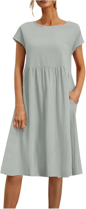 Cotton Linen Dress for Women Summer Trendy Short Sleeve Crew Neck Sexy Plus Size Loose Vacation Dress with Pocket