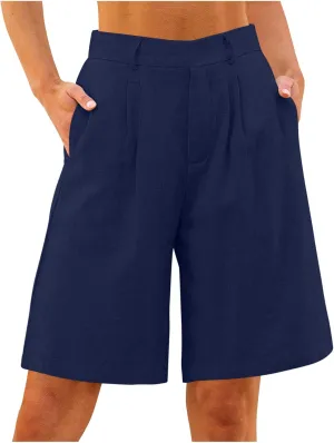 Cotton Linen Womens Bermuda Shorts Dressy Wide Leg Summer Shorts Pleated High Waisted Baggy Knee Length Short Pants