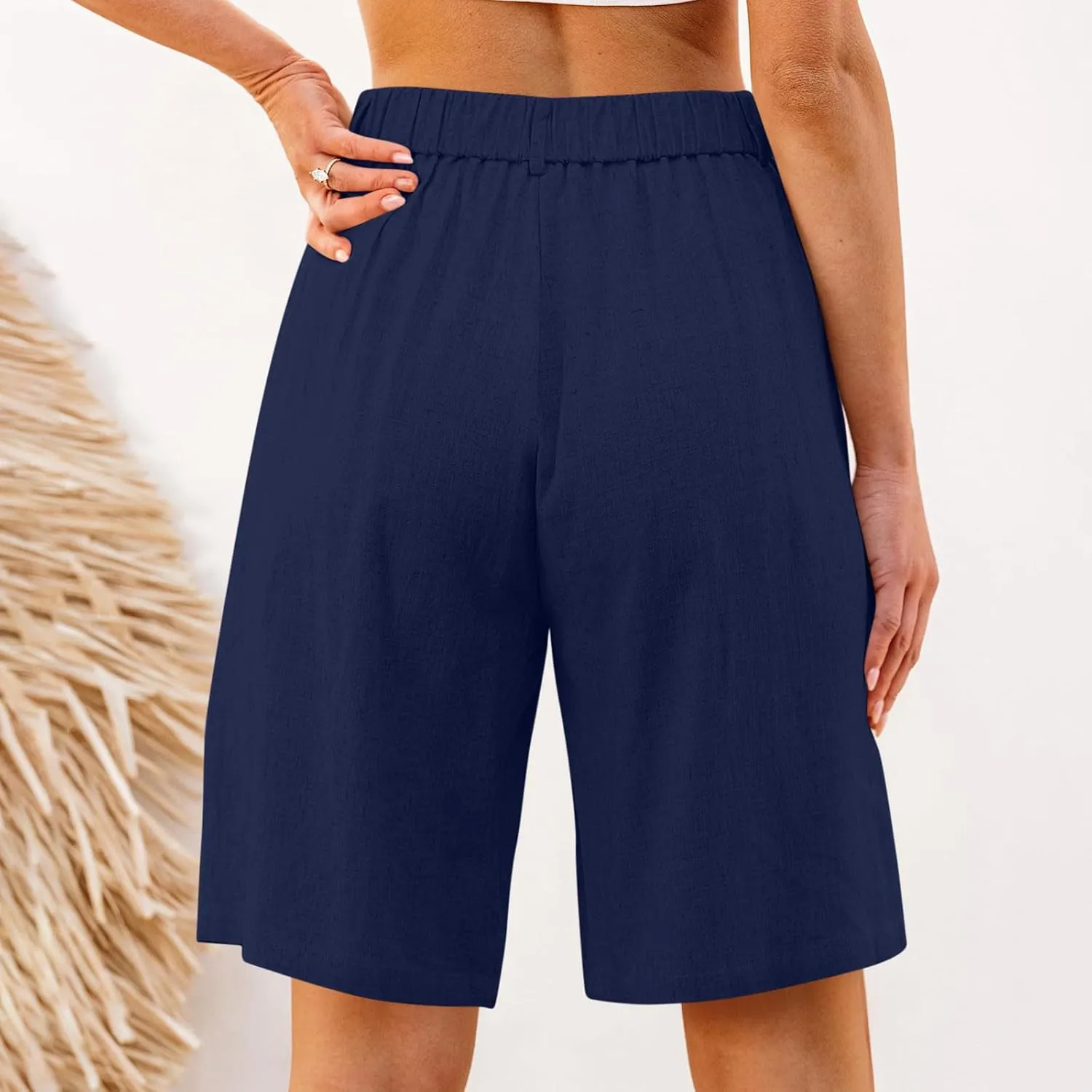 Cotton Linen Womens Bermuda Shorts Dressy Wide Leg Summer Shorts Pleated High Waisted Baggy Knee Length Short Pants