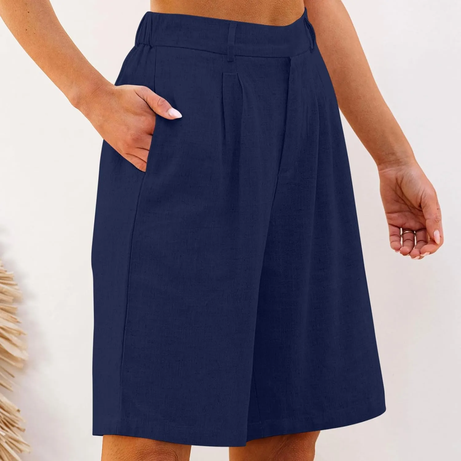 Cotton Linen Womens Bermuda Shorts Dressy Wide Leg Summer Shorts Pleated High Waisted Baggy Knee Length Short Pants