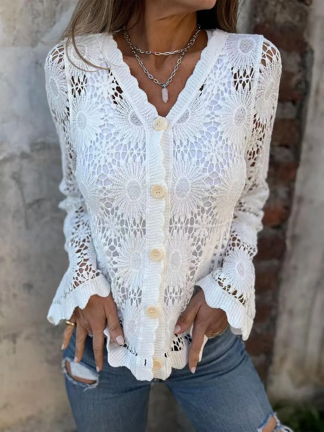 Crochet Sweaters for Women Floral Lace Long Sweater Women's Button V-Neck Bell Sleeve Sweater Boho Cardigan