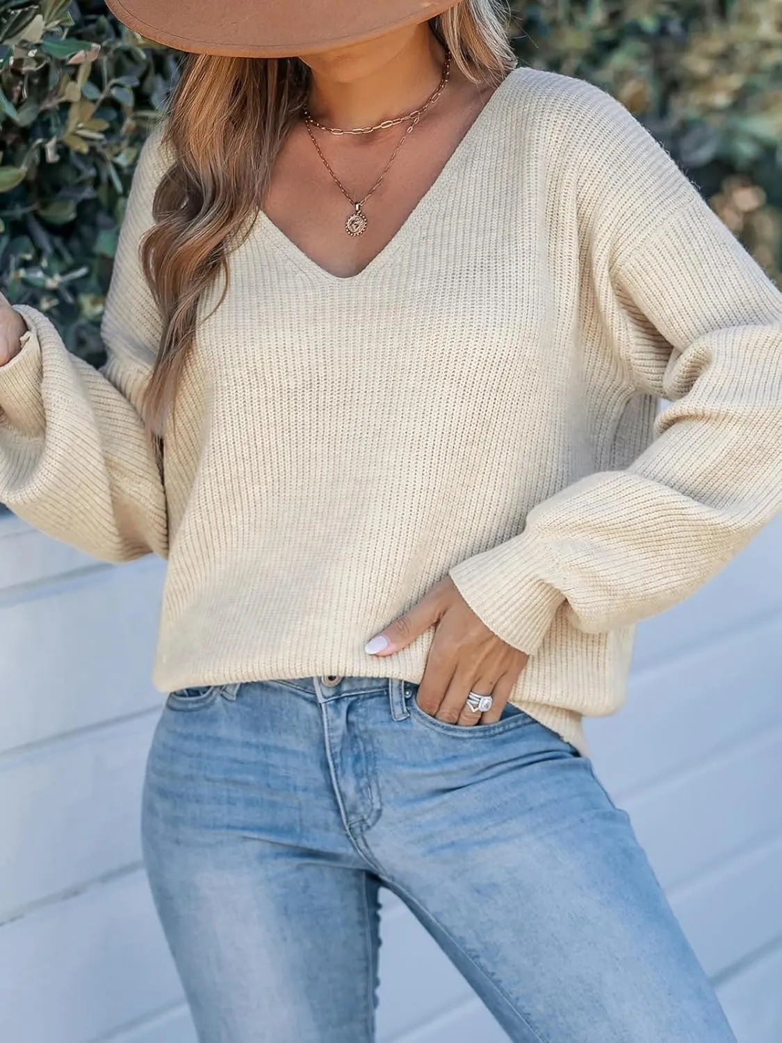 CUPSHE Women's Long Sleeve Sweater V Neck 2024 Fall Bow Oversized Pullover Tops